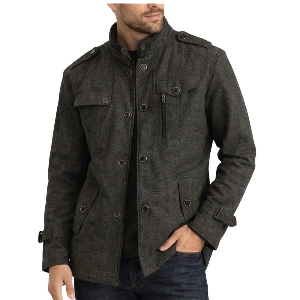 Wantdo Men's‎ Charcoal Herringbone Military Field Jacket  Wool Blend NWT Size L